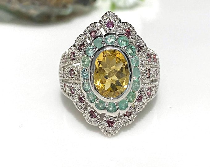 Vintage Sterling Silver Natural Citrine, Emerald & Rhodolite Ring Size 7 1/4