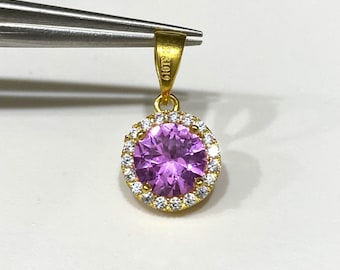 Vintage 18K Solid Gold Pink Sapphire & White Topaz Solitaire Pendant.