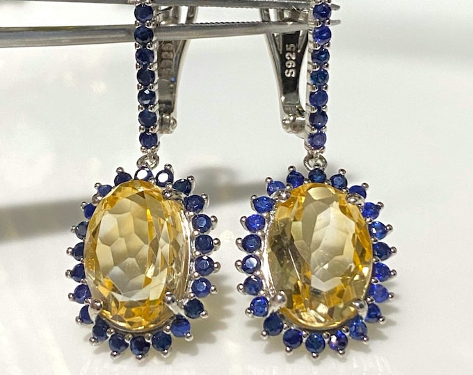 Vintage Sterling Silver Oval cut Natural Citrine & Blue Sapphire Earrings.