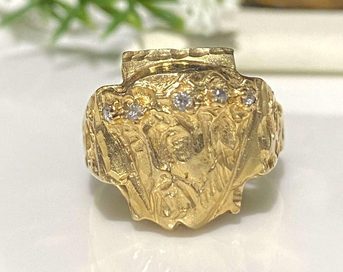 Vintage Mens 14K Solid Yellow Gold White Topaz Jesus Christian Ring Size 9.5