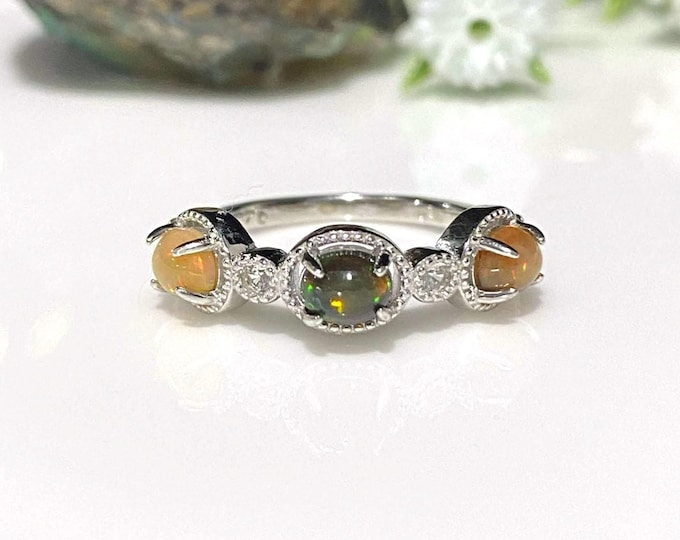 Vintage Sterling Silver 1.05cts Natural Fire Opal & White Topaz Ring Size 6 1/4
