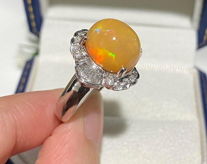 Vintage 18K Solid White Gold 4.86ct Natural Fire Opal Diamond Ring Size 6
