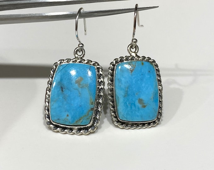 Vintage Sterling Silver Turquoise Rectangle Dangle Earrings.