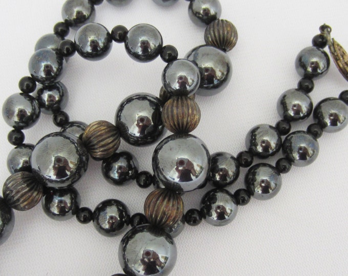 Vintage Sterling Silver Natural Hematite Bead Necklace 20''