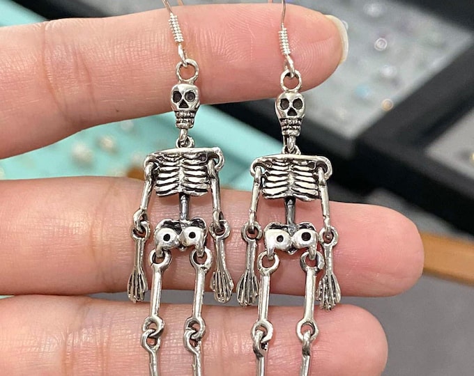 Vintage Sterling Silver Skeleton Moving Dangle Earrings