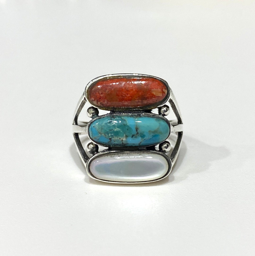 Vintage Sterling Silver Turquoise & Red Coral, Mother of Pearl Ring ...