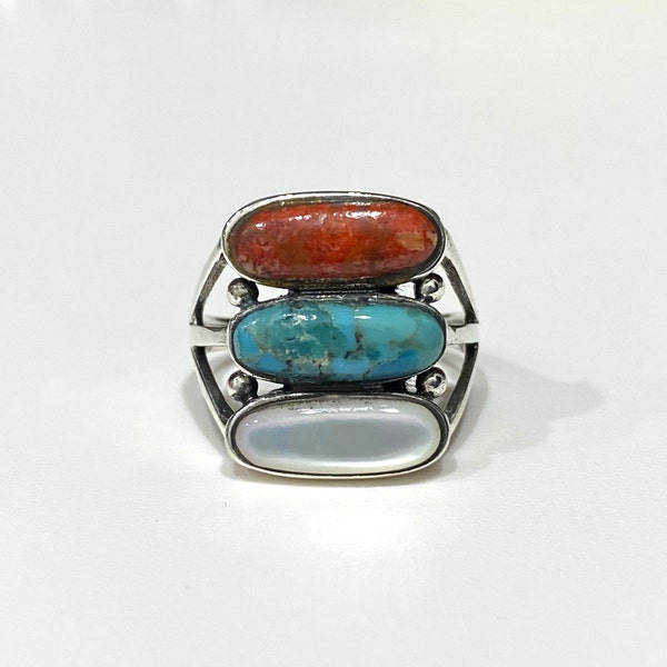 Vintage Sterling Silver Turquoise & Red Coral, Mother of Pearl Ring Size 8.