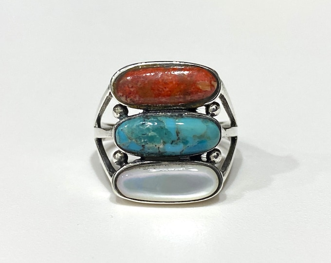 Vintage Sterling Silver Turquoise & Red Coral, Mother of Pearl Ring Size 8.