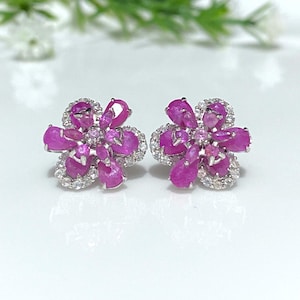 Vintage Sterling Silver Natural Ruby & White Topaz Flower Earrings.