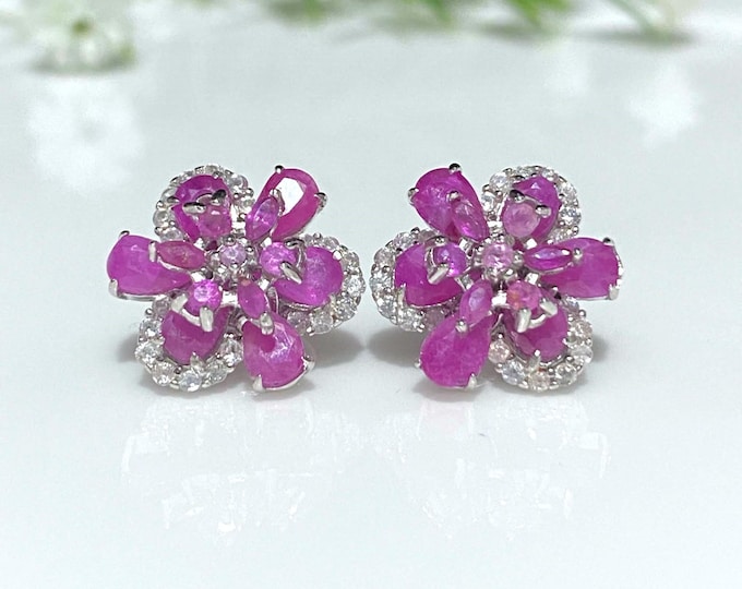Vintage Sterling Silver Natural Ruby & White Topaz Flower Earrings.