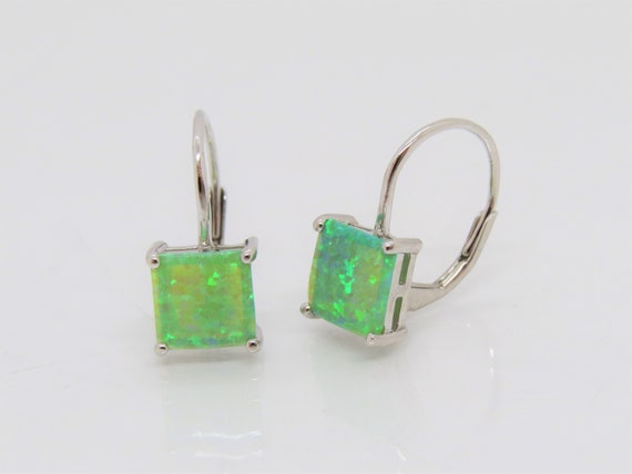 Vintage Sterling Silver Square Green Opal Earrings - image 1