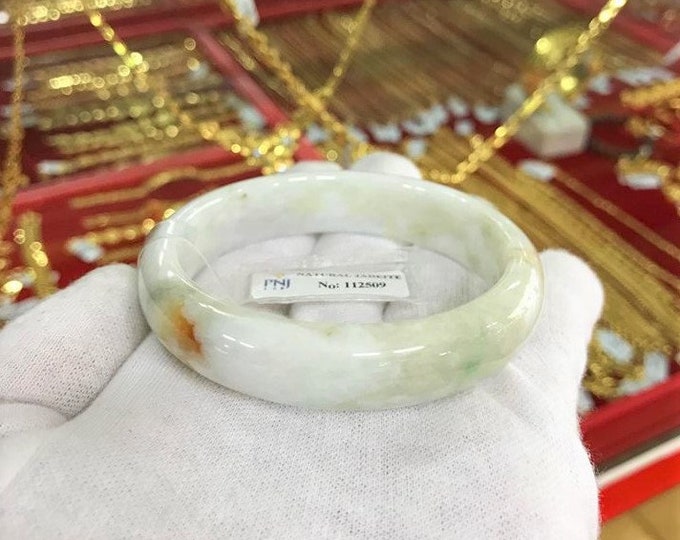 Translucent Natural White, Orange, Green Jadeite Jade Vintage Bangle Bracelet 57.1MM