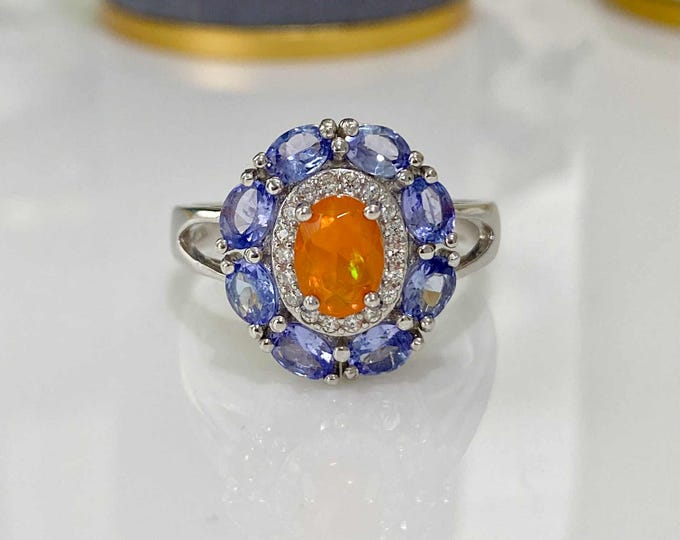 Vintage Sterling Silver Natural Orange Opal, Tanzanite & White Topaz Ring Size 8 3/4
