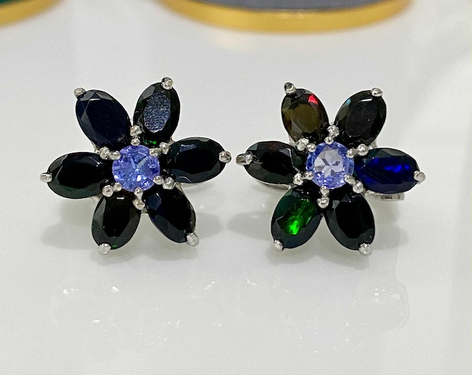 Vintage Sterling Silver Natural Black Opal & Tanzanite Flower Earrings.