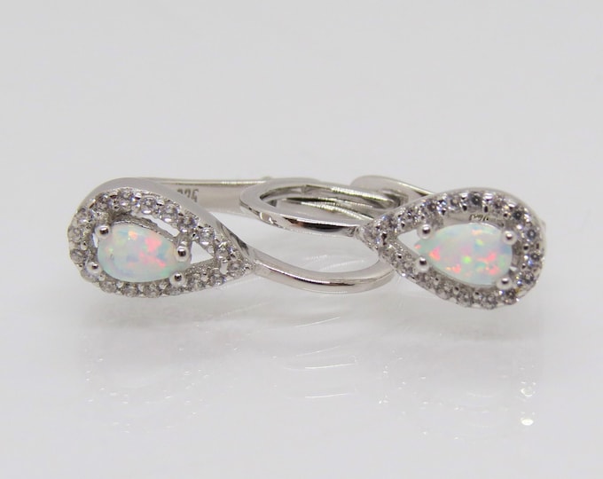 Vintage Sterling Silver Pear cut White Opal & White Topaz Earrings