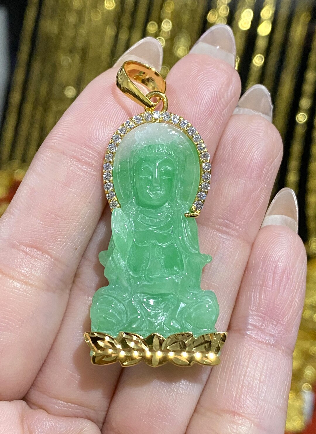 Vintage 18K Solid Gold Natural Green, White Jadeite Jade