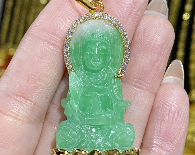 Vintage 18K Solid Gold Natural Green, White Jadeite Jade & White Topaz Kwan Yin Buddha Pendant Phat Ba Quan Am