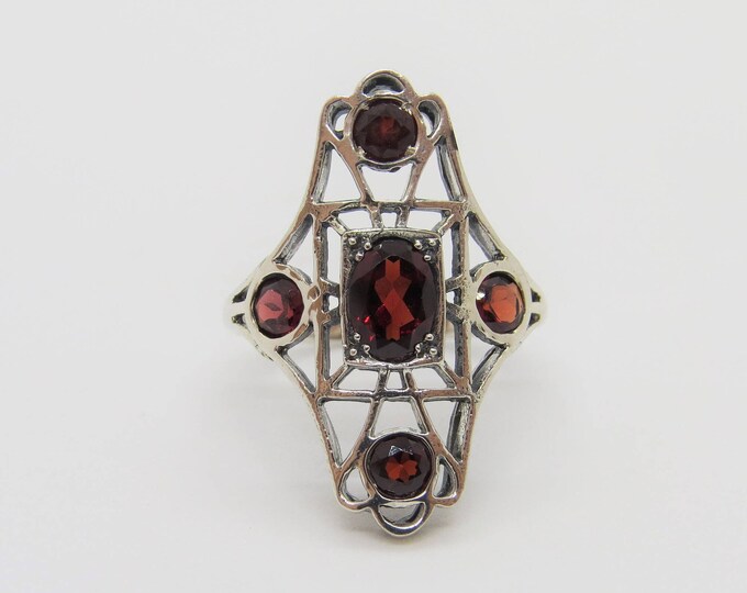 Vintage Sterling Silver Natural Garnet Long Ring Size 9