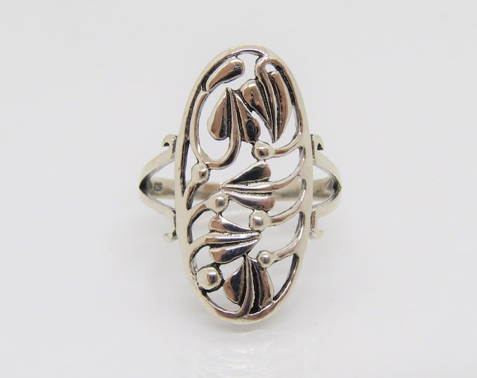 Vintage Sterling Silver Leaf Filigree Long Ring Size 8