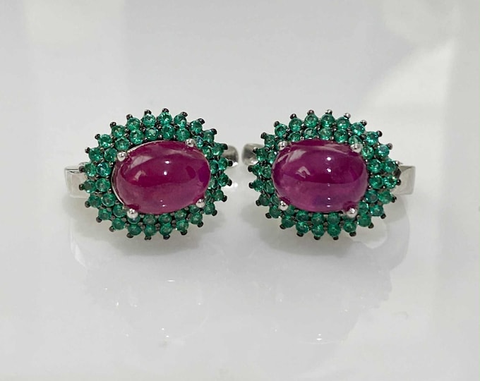 Vintage Sterling Silver Natural Oval cut Ruby & Tsavorite Earrings.