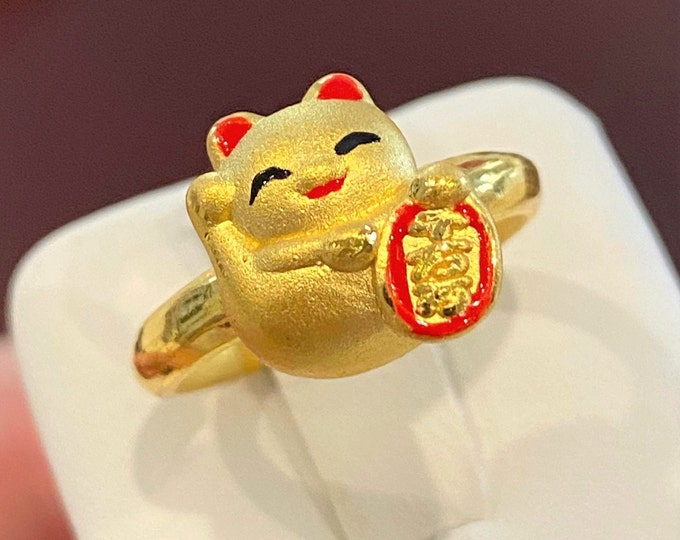 24K 999 Gold 3D Red Enamel Kitty Cat Vintage Ring Size 7