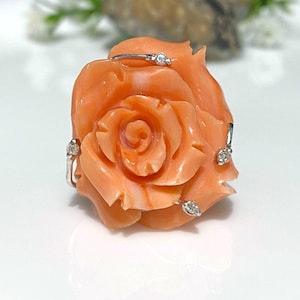 Vintage 14K Solid White Gold Orange Coral & Diamond Rose Flower Ring Size 6