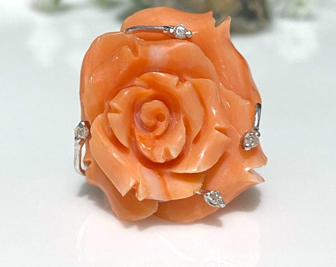 Vintage 14K Solid White Gold Orange Coral & Diamond Rose Flower Ring Size 6