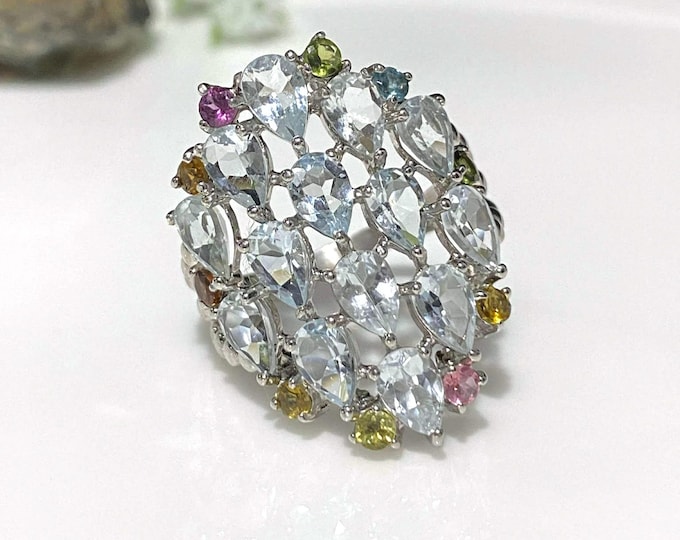 Vintage Sterling Silver Natural Aquamarine & Tourmaline Ring Size 9