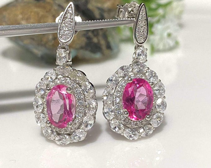 Vintage Sterling Silver Natural Pink Topaz & White Topaz Dangle Earrings.