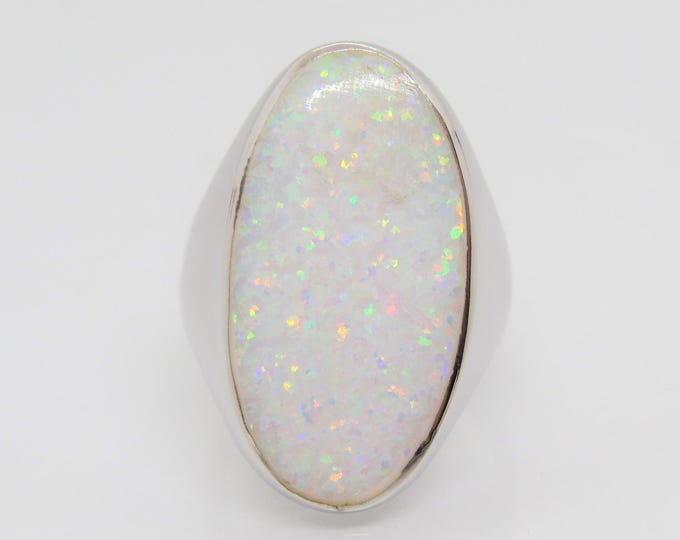 Vintage Sterling Silver Oval White Opal Bold Ring Size 7