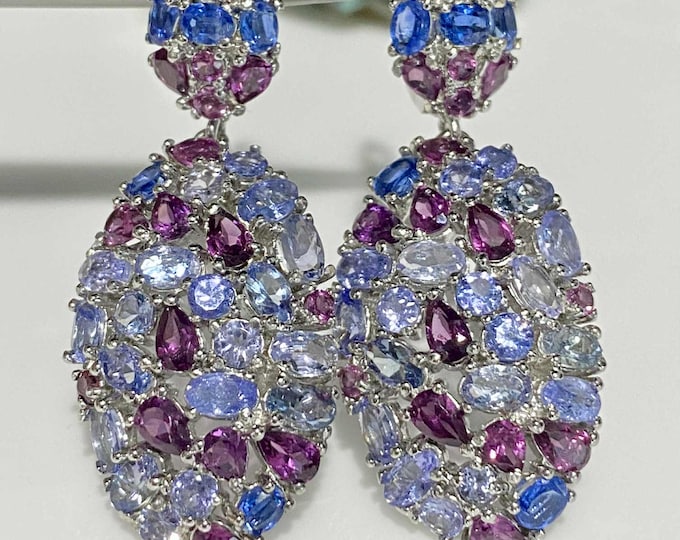 Vintage Sterling Silver Natural Rhodolite & Tanzanite Dangle Earrings.