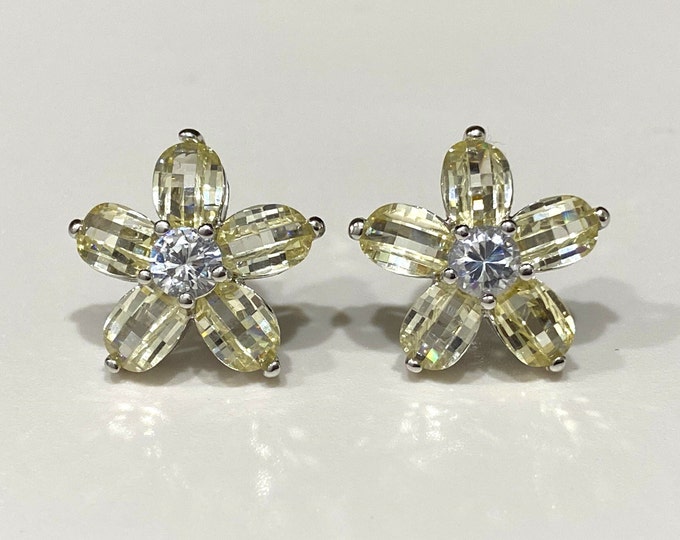 Vintage Sterling Silver Citrine & White Topaz Flower Earrings.