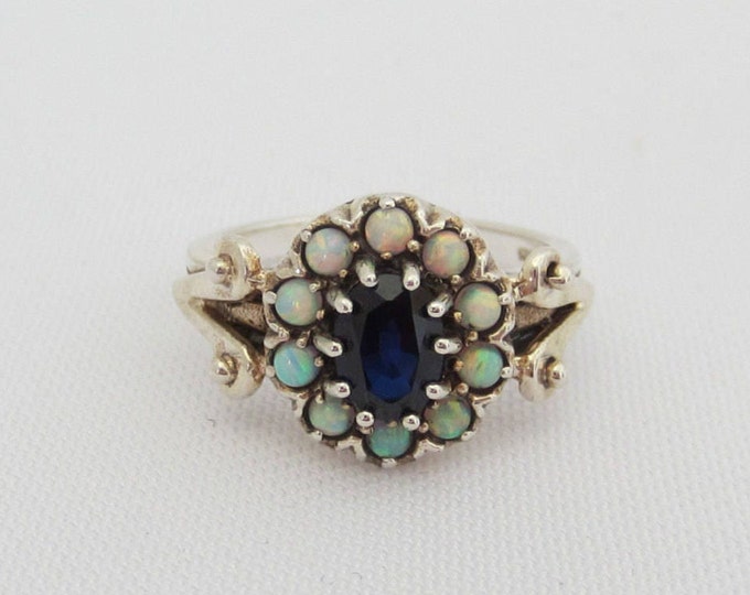 Vintage Sterling Silver Sapphire & Opal Ring Size 10