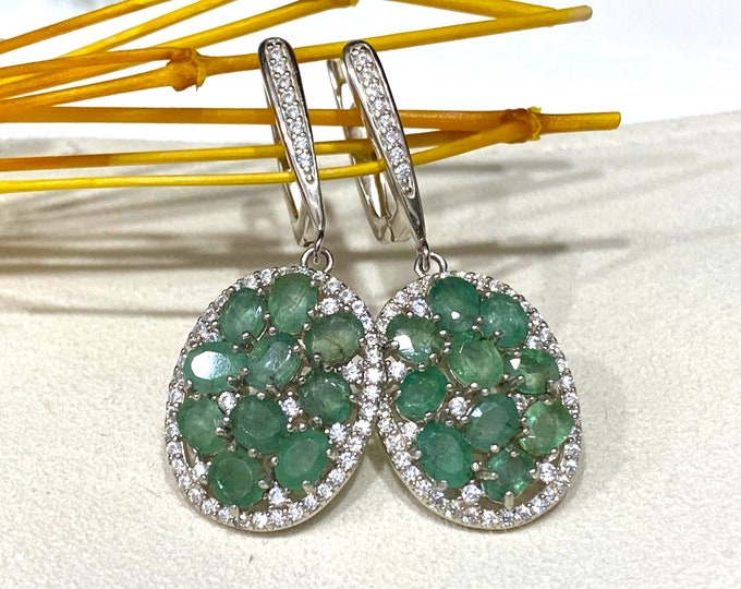 Vintage Sterling Silver Natural Emerald & White Topaz Earrings.
