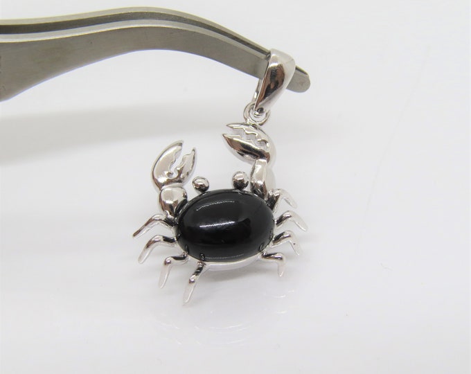 Vintage Sterling Silver Black Onyx Crab Charm Pendant