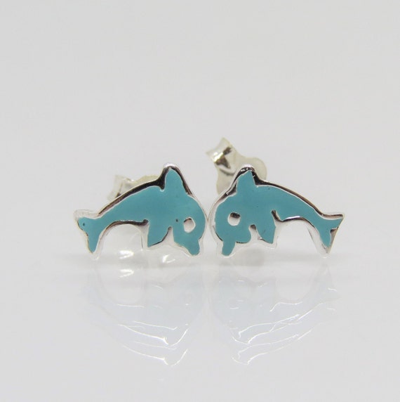 Vintage Sterling Silver Blue Enamel Dolphin Earrin