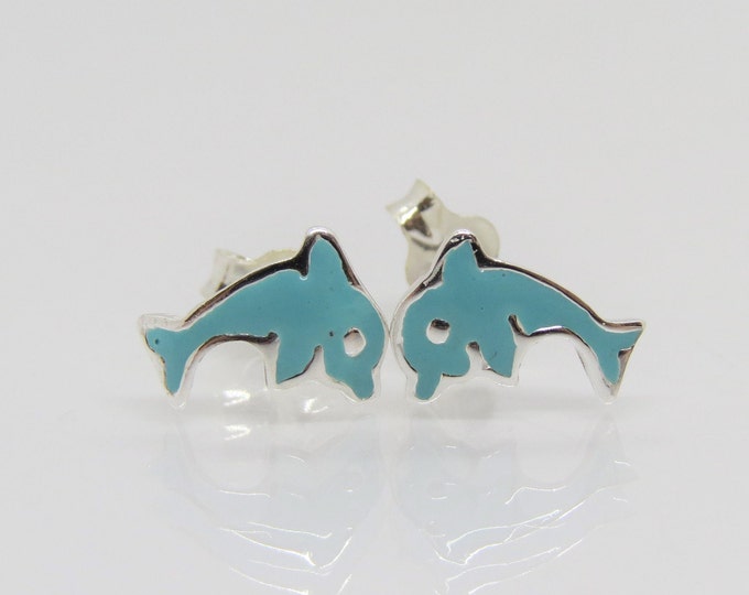 Vintage Sterling Silver Blue Enamel Dolphin Earrings