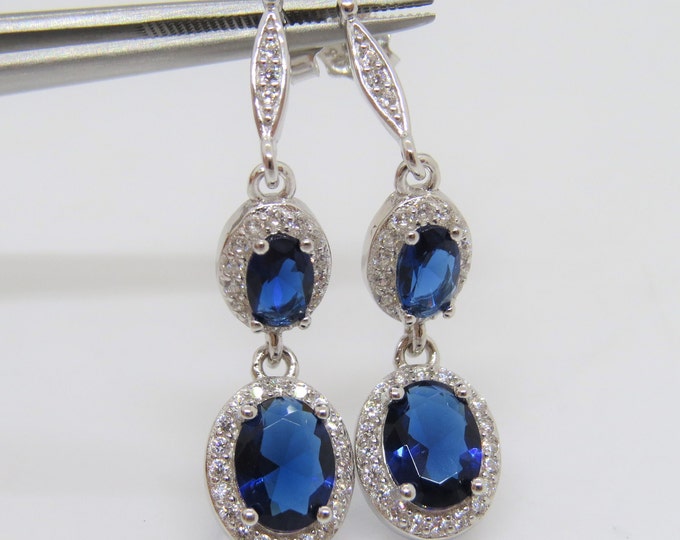 Vintage Sterling Silver Oval cut Blue Sapphire & White Topaz Drop Earrings