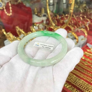 Translucent Natural Green, White Jadeite Jade Vintage Bangle Bracelet 54.4MM