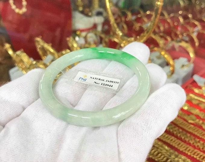 Translucent Natural Green, White Jadeite Jade Vintage Bangle Bracelet 54.4MM