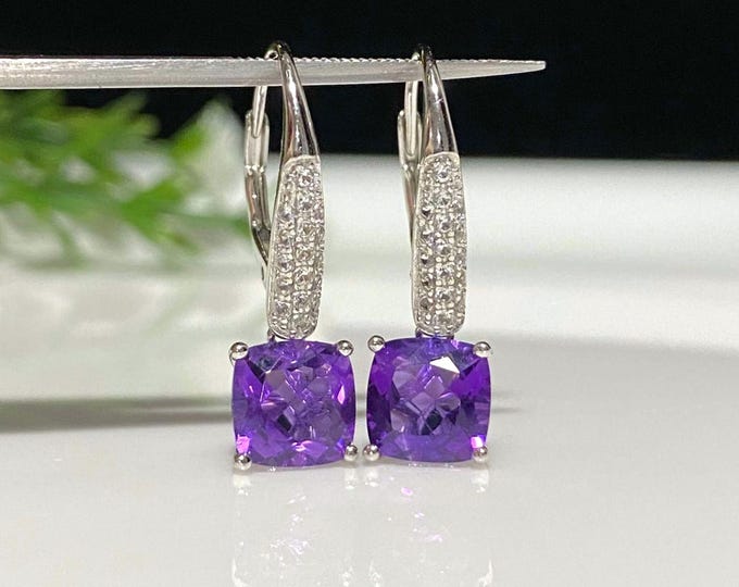 Vintage Sterling Silver Natural Amethyst & White Topaz Earrings.