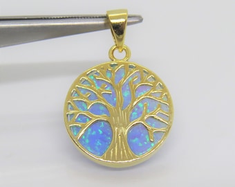Vintage 14K Gold Plate on Sterling Silver Blue Opal Tree of Life Pendant