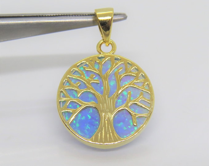 Vintage 14K Gold Plate on Sterling Silver Blue Opal Tree of Life Pendant
