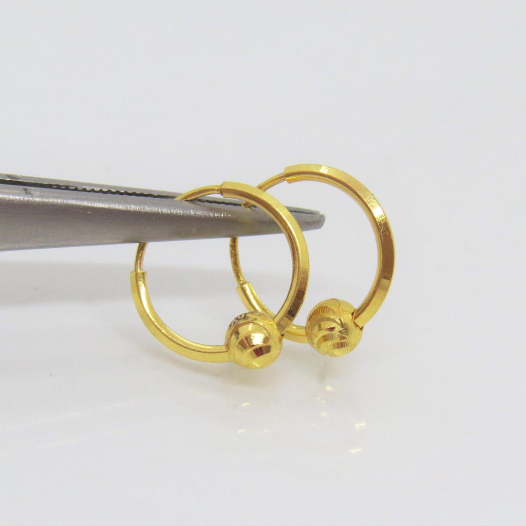 18K Solid Yellow Gold Bali Small Baby Girls Hoops Vintage Earrings