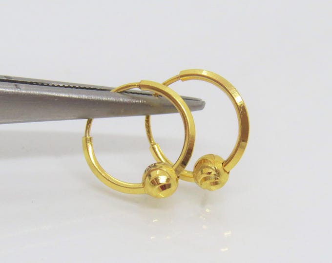 18K Solid Yellow Gold Bali Small Baby Girls Hoops Vintage Earrings 11.5MM