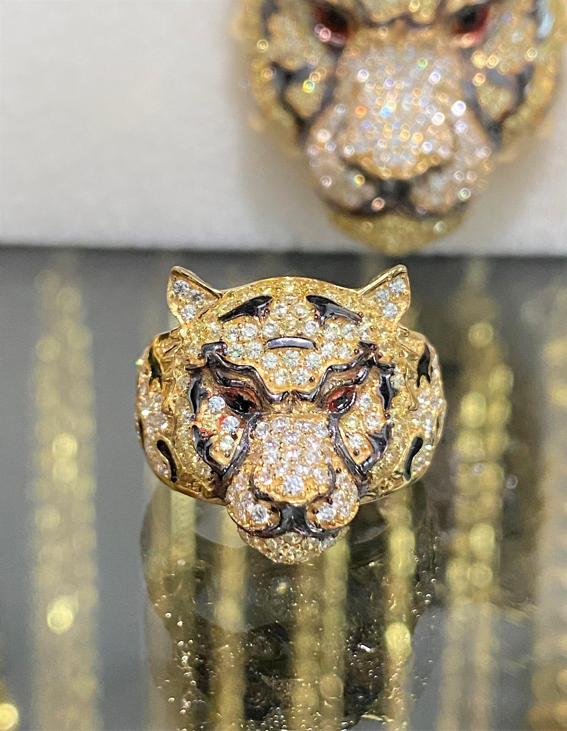 2.5 ct 925 Bengal Tiger yellow gold over ring, tiger diamond ring, men tiger  ring, animal tiger ring, statement ring,gift for him. | 虎, 歓喜