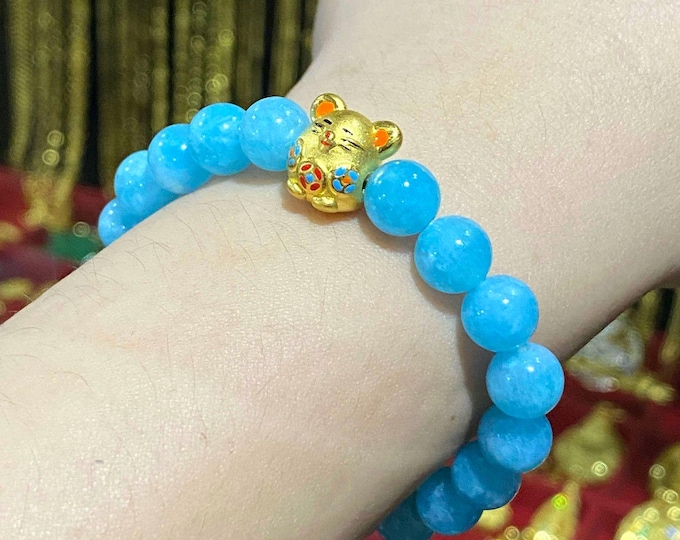Vintage 24K 9999 Yellow Gold Enamel Cat with Blue Aquamarine Bead Bracelet 8MM
