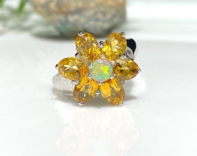 Vintage Sterling Silver Natural Citrine & Fire Opal Flower Ring Size 7