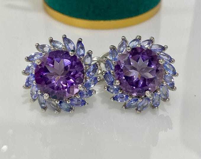 Vintage Sterling Silver Round cut 9.82cts Natural Amethyst & Tanzanite Earrings.