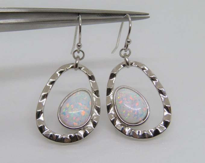 Vintage Sterling Silver White Opal Hammered Dangle Earrings
